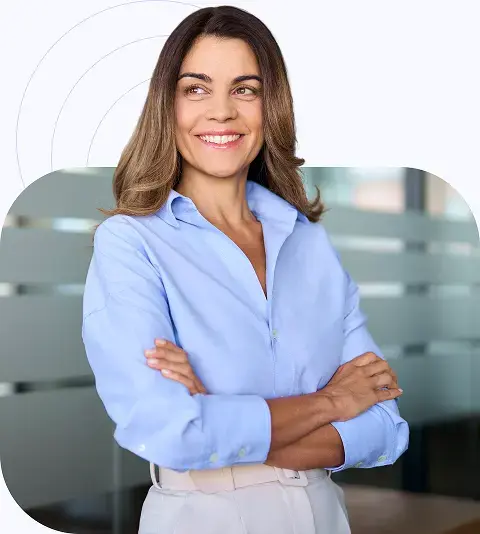 Confident female business consultant smiling, with icons showing benefits for small businesses like client satisfaction and business growth.